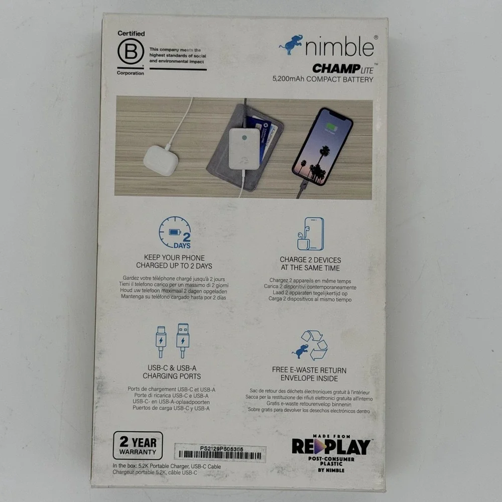 Nimble Champ Lite Fast Charging Power Bank Portable White 15W 5200mAh w/ Cable